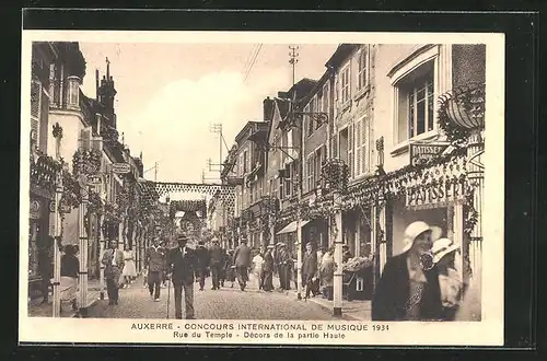 AK Auxerre, Concours International de Musique 1934, Rue du Temple, Sängerfest