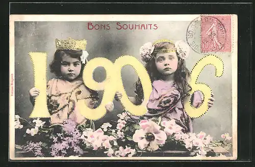 AK Kleine Mädchen halten die Jahreszahl 1906 in den Händen, Bons Souhaits