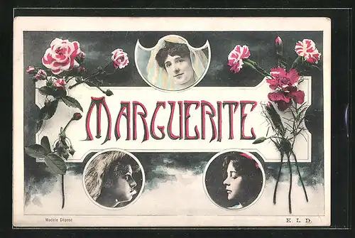 AK Frauenporträts und Blumen umrahmen den Schriftzug Marguerite, Namenstag