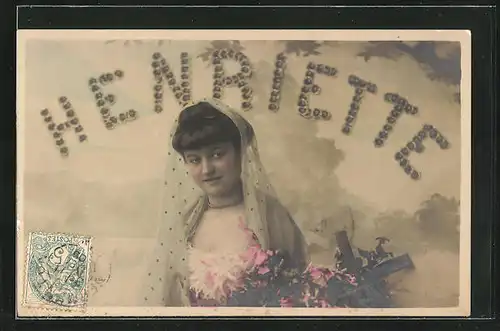 AK Junges Mädchen mit Schleier und Blumen, Namenstag Henriette