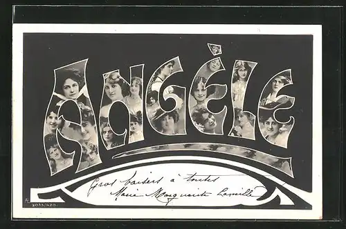 AK Frauen blicken aus dem Schriftzug Angèle, Namenstag