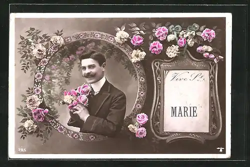AK Junger Mann mit Blumen lächelt aus dem Rahmen heraus, Namenstag Marie