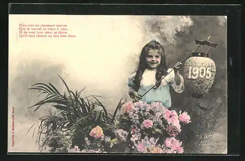 AK Mädchen hinter Blumen mit Laterne und Jahreszahl 1905