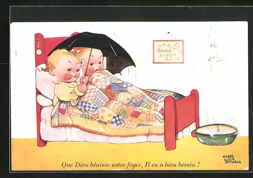 Künstler-AK Mabel Lucie Attwell: Zwei Kleinkinder mit Regenschirm im Bett