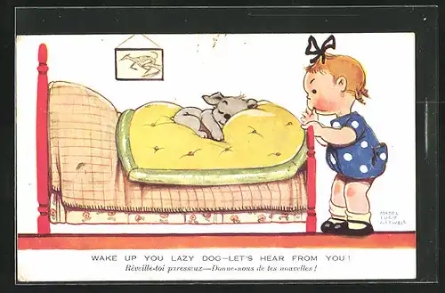 Künstler-AK Mabel Lucie Attwell: Mädchen belauscht schlafenden Hund im Bett