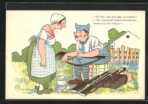 Künstler-AK V. Spahn: Köchin übergibt Fett einem Mann mit drei Gewehren