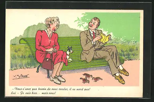 Künstler-AK V. Spahn: Dame mit Hund unterhält sich mit einem im Buch lesenden Mann auf einer Bank