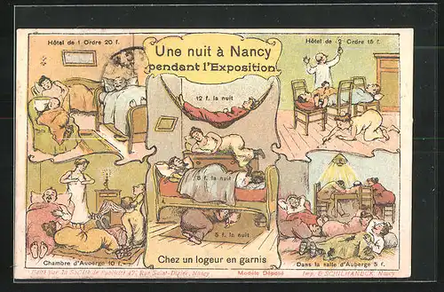 AK Nancy, Une nuit à Nancy pendant l`Exposition, Hôtel de l`Ordre 20 f, Chambre d`Auberge 10 f, Dans la salle 5 f