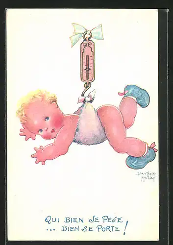 Künstler-AK Beatrice Mallet: Baby an einer Waage hängend