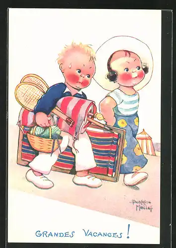 Künstler-AK Beatrice Mallet: Zwei Kinder auf dem Weg zum Strand
