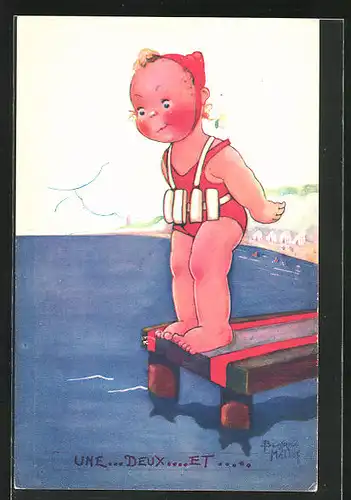 Künstler-AK Beatrice Mallet: Mädchen auf dem Steg vor dem Sprung ins Wasser