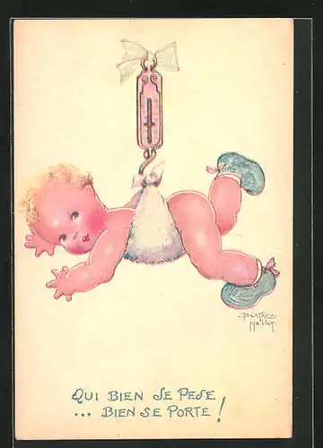 Künstler-AK Beatrice Mallet: Baby an einer Waage hängend