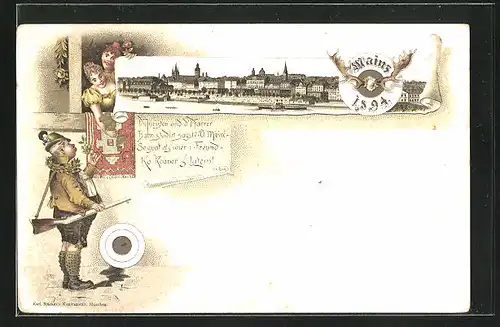 Vorläufer-Lithographie Mainz, 1894, Stadtpanorama, Schütze mit Zielscheibe, Schützenverein