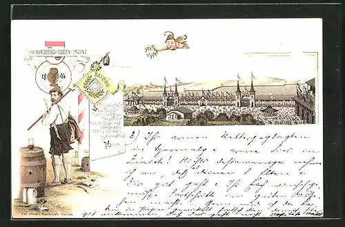 Vorläufer-Lithographie Mainz, XI. Bundesschiessen, 1894, Ortsansicht, Schütze mit Zielscheibe