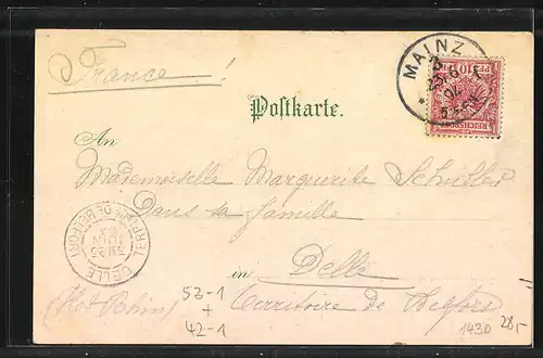 Vorläufer-Lithographie Mainz, XI. Deutsches Bundesschiessen, 1894, Stadtpanorama mit Brücke und Dampfer