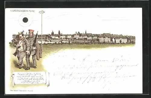 Vorläufer-Lithographie Mainz, XI. Deutsches Bundesschiessen, 1894, Panorama, Betrunkene Schützen auf dem Heimweg
