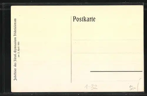 AK Jubelfeier des Fürstl. Gymnasium Fridericianum, 2. April 1914, Porträts der Direktoren u. Professoren