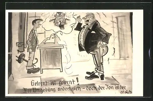 AK Büroarbeiter wird von seinem Vorgesetzten angeschrien und denkt an seine Zeit bei der Bundeswehr
