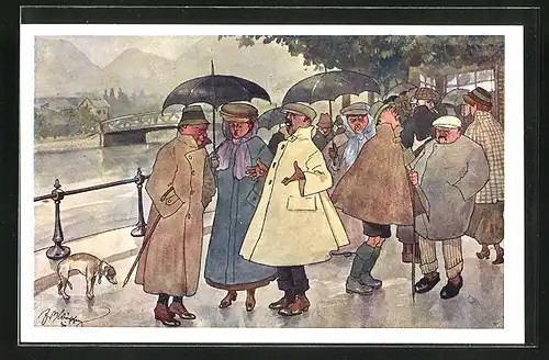 Künstler-AK Fritz Schönpflug: Menschen mit Regenschirmen beim Spaziergang