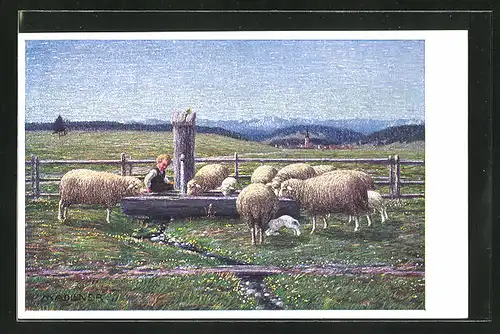 Künstler-AK Josef Madlener: Schafe am Brunnen
