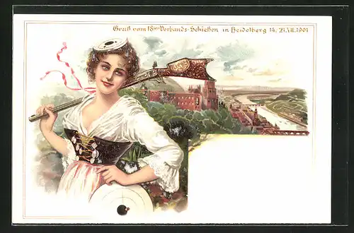 Lithographie Heidelberg, 18. Verbands-Schiessen 1901, Frau in Tracht mit Gewehr und Zielscheibe, Ortsansicht