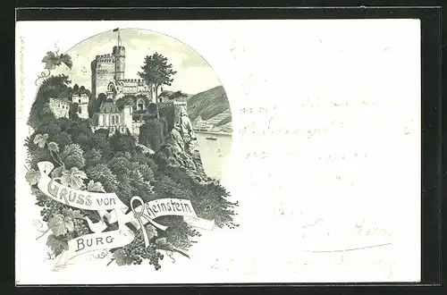 Lithographie Blick zur Burg Rheinstein
