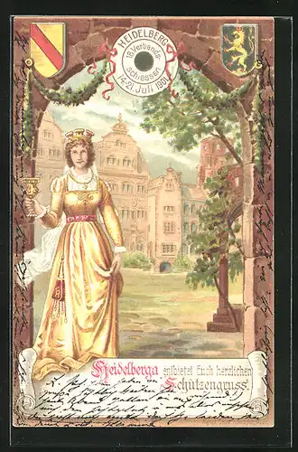 Lithographie Heidelberg, 18. Verbandsschiessen 1901, Hübsches Mädchen entbietet den Schützengruss