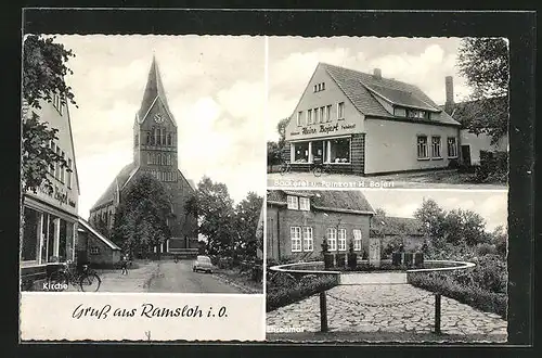 AK Ramsloh i.O., Kirche, Ehrenmal, Bäckerei und Feinkost Bojert