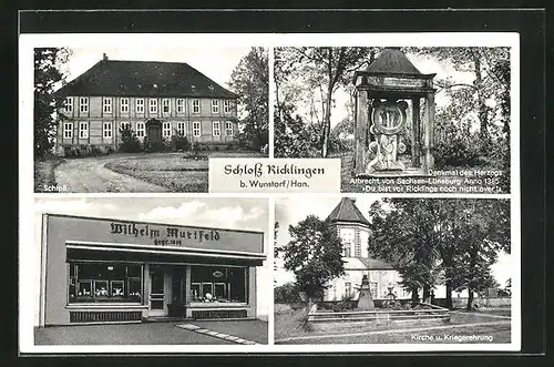 AK Wunstorf, Schloss Ricklingen, Denkmal des Herzogs Albrecht von Sachsen-Lüneburg, Geschäft Wilhelm Murtfeld, Kirche
