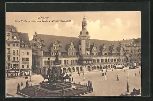 AK Leipzig, Altes Rathaus nach dem Umbau mit Siegesdenkmal