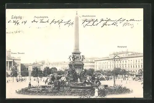 AK Leipzig, Augustusplatz mit Neues Theater, Mendebrunnen und Hauptpost