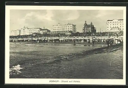 AK Nordseebad Borkum, Strand mit Hotels