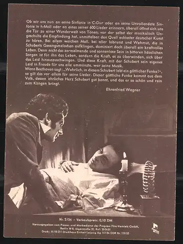 Filmprogramm PFI Nr. 2 /54, Franz Schubert - Ein Leben in zwei Sätzen, H. Schweiger, A. Schmid, Regie: W. Kolm-Veltee