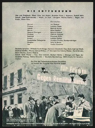 Filmprogramm PFI Nr. 15 /53, Die Entführung, Jiri Dohnal, Ladislav Pesek, Bedrich Karen, Regie: Jan Kadar