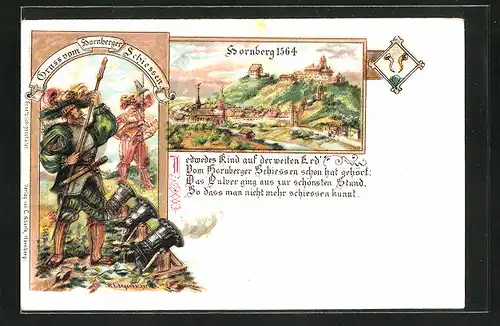 Lithographie Hornberg, Hornberger Schiessen, Ortsansicht 1564, Männer beim Schiessen