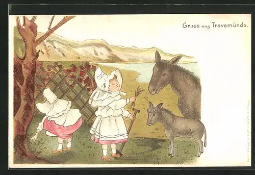 Lithographie Travemünde, Kleines Mädchen füttert Esel