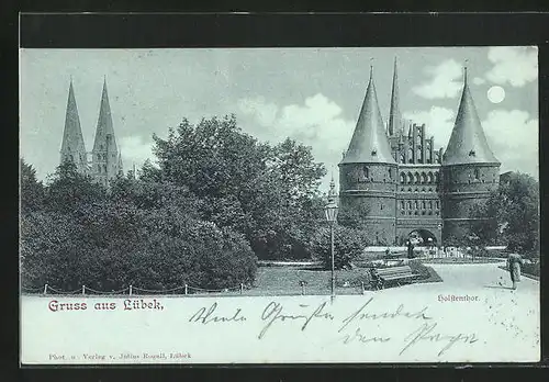 Mondschein-AK Lübeck, Blick auf das Holstentor