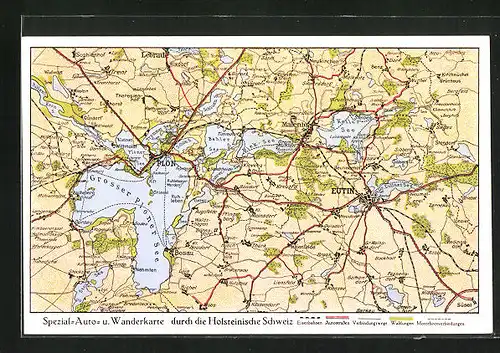 AK Plön, Spezial-Auto u. Wanderkarte durch die Holsteinische Schweiz