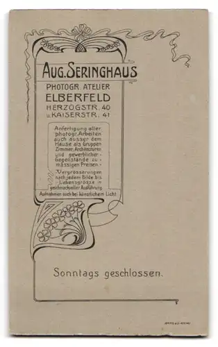 Fotografie Aug. Seringhaus, Elberfeld Herzogstrasse 40, junge adrette Dame mit weichen Gesichtszügen