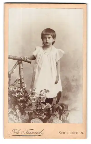 Fotografie Joh. Freund, Schlüchtern, kleines trotziges Mädchen in weissem Kleid mit Pflanzen