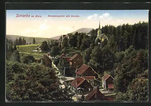 AK Schierke /Harz, Strassenpartie mit Kirche