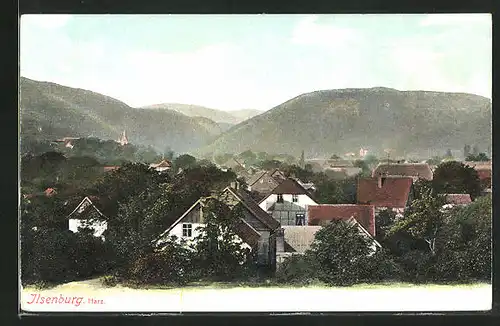 AK Ilsenburg /Harz, Ortspartie gegen die Berge