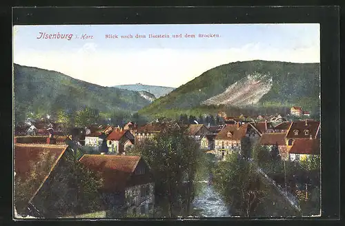 AK Ilsenburg /Harz, Blick nach dem Ilsestein und Brocken