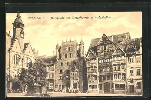 AK Hildesheim, Marktplatz mit Tempelherren- und Wedekindhaus, Rolandbrunnen