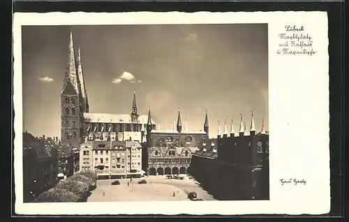 AK Lübeck, Marktplatz mit Rathaus und Marienkirche