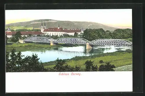 AK Corvey, Weserbrücke und Klosteransicht