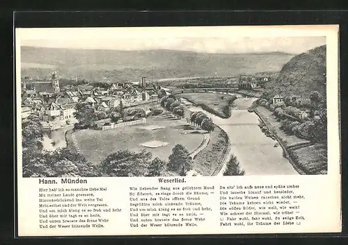 AK Hann. Münden, Ortsansicht aus der Vogelschau, Weserlied-Text