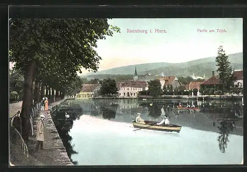 AK Ilsenburg /Harz, Partie am Teich mit Ruderern