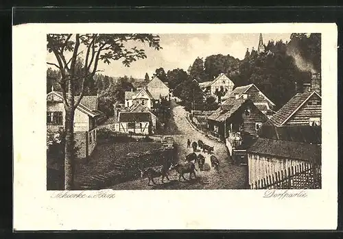 Künstler-AK Schierke /Harz, Dorfpartie mit Kuhabtrieb