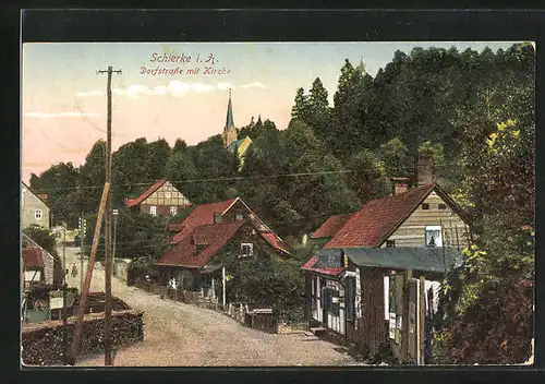 AK Schierke /Harz, Dorfstrasse mit Kirche und Telegrafenmasten